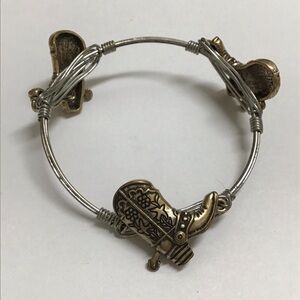 Western Bangle Bracelet Barb Wire Look TX Cowboy Boot Charm Mixed Metal Boho